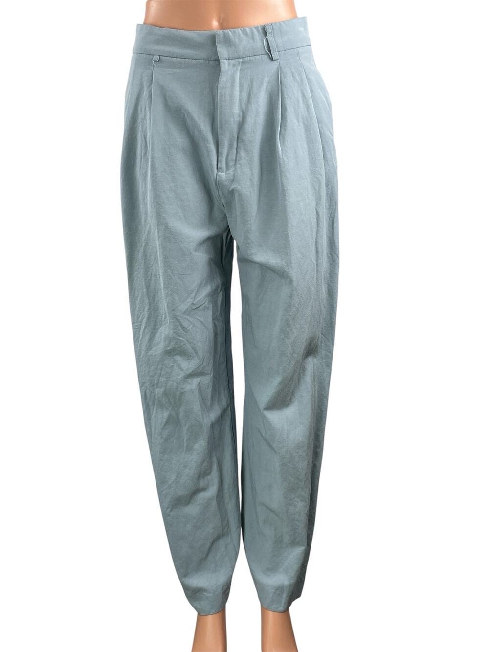Zara Women's Blue Linen High Waisted Pleated Wide Leg Trousers Pants Size M